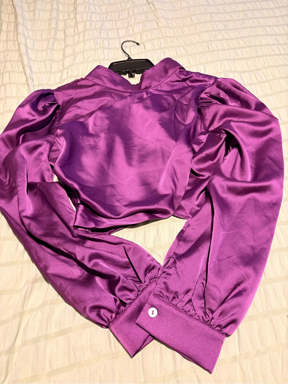 SHEIN Purple Satin Puff-Sleeve Crop Blouse